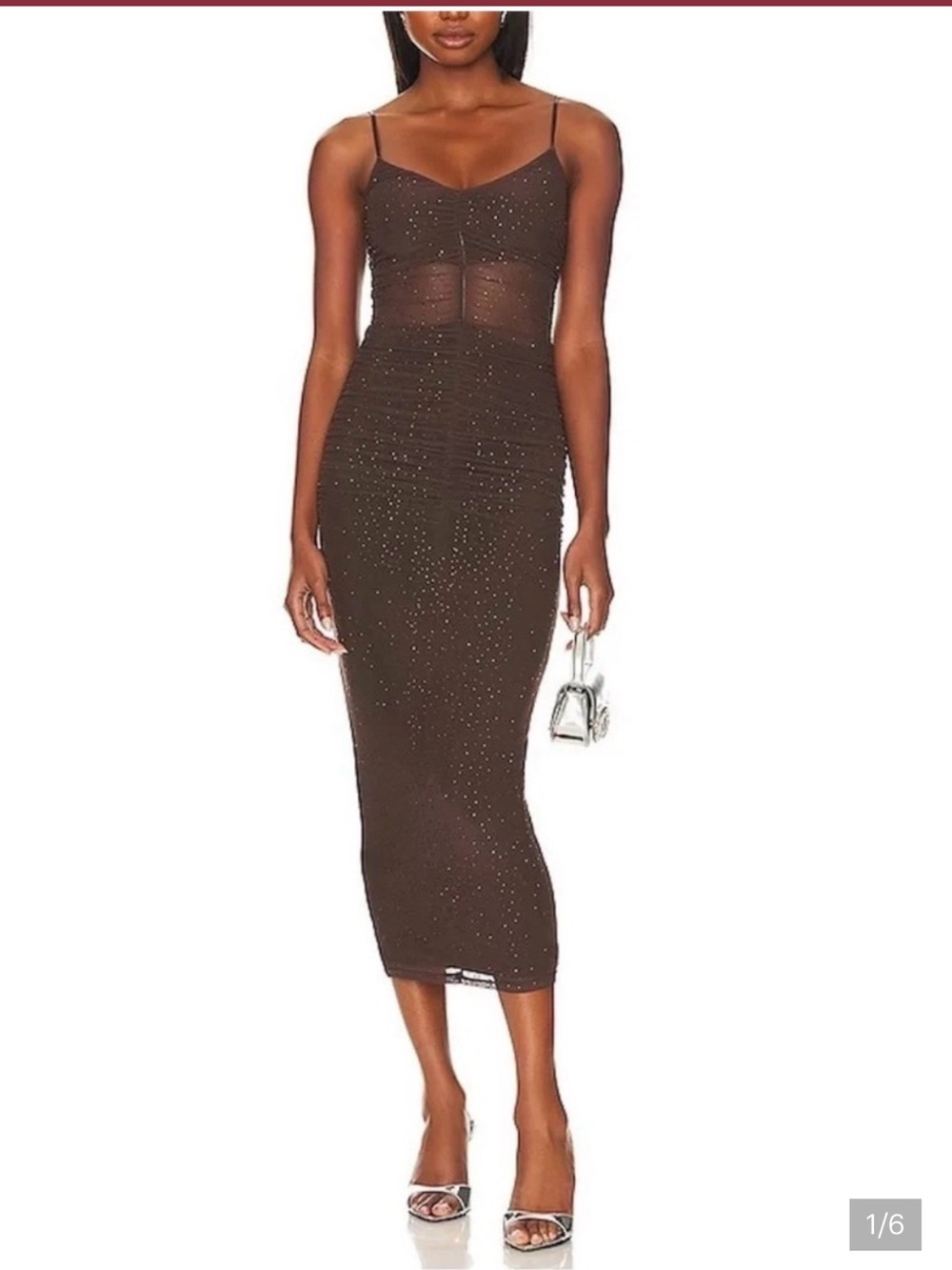 AFRM Lupita Rhinestone Embellished Ruched Body-Con Dress in java brown